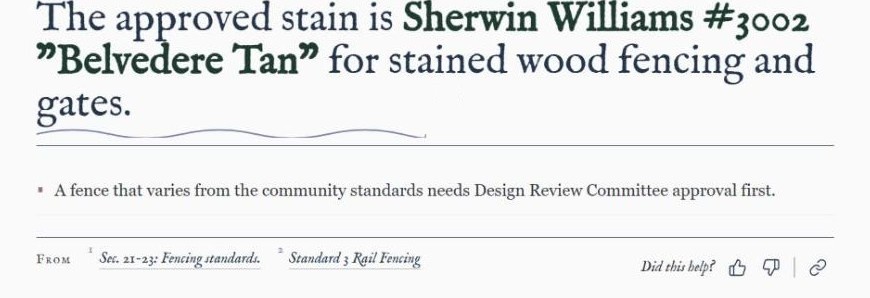 A Sterling Ranch Society assistant answer: the approved fence stain, with the two rulebook sections it came from