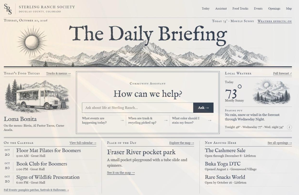 The Sterling Ranch Society homepage: today's food truck, the community assistant, local weather, today's events, the place of the day and new openings
